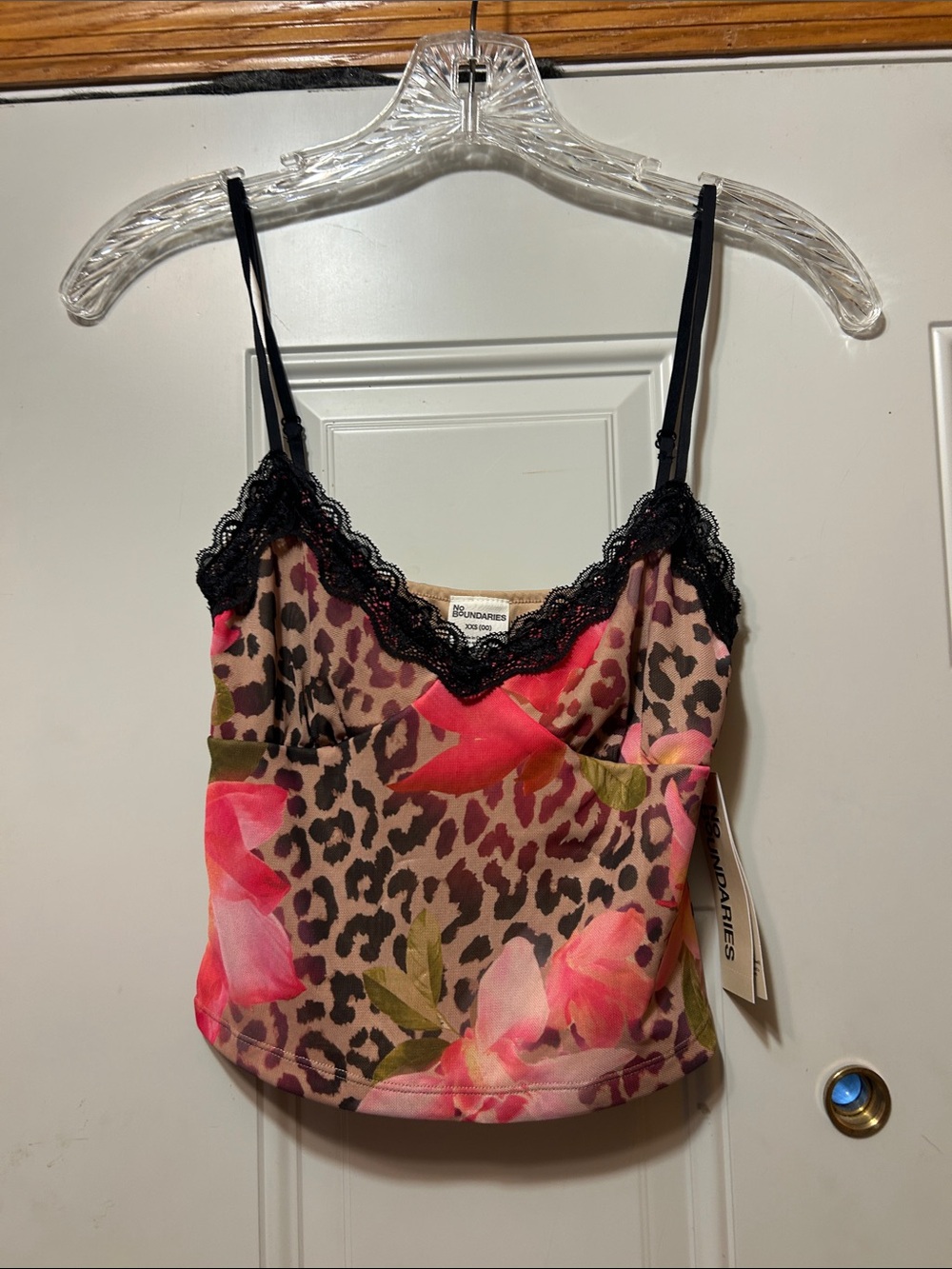 No Boundaries Pink Floral Leopard Lace-Trim Cami XXS NWT